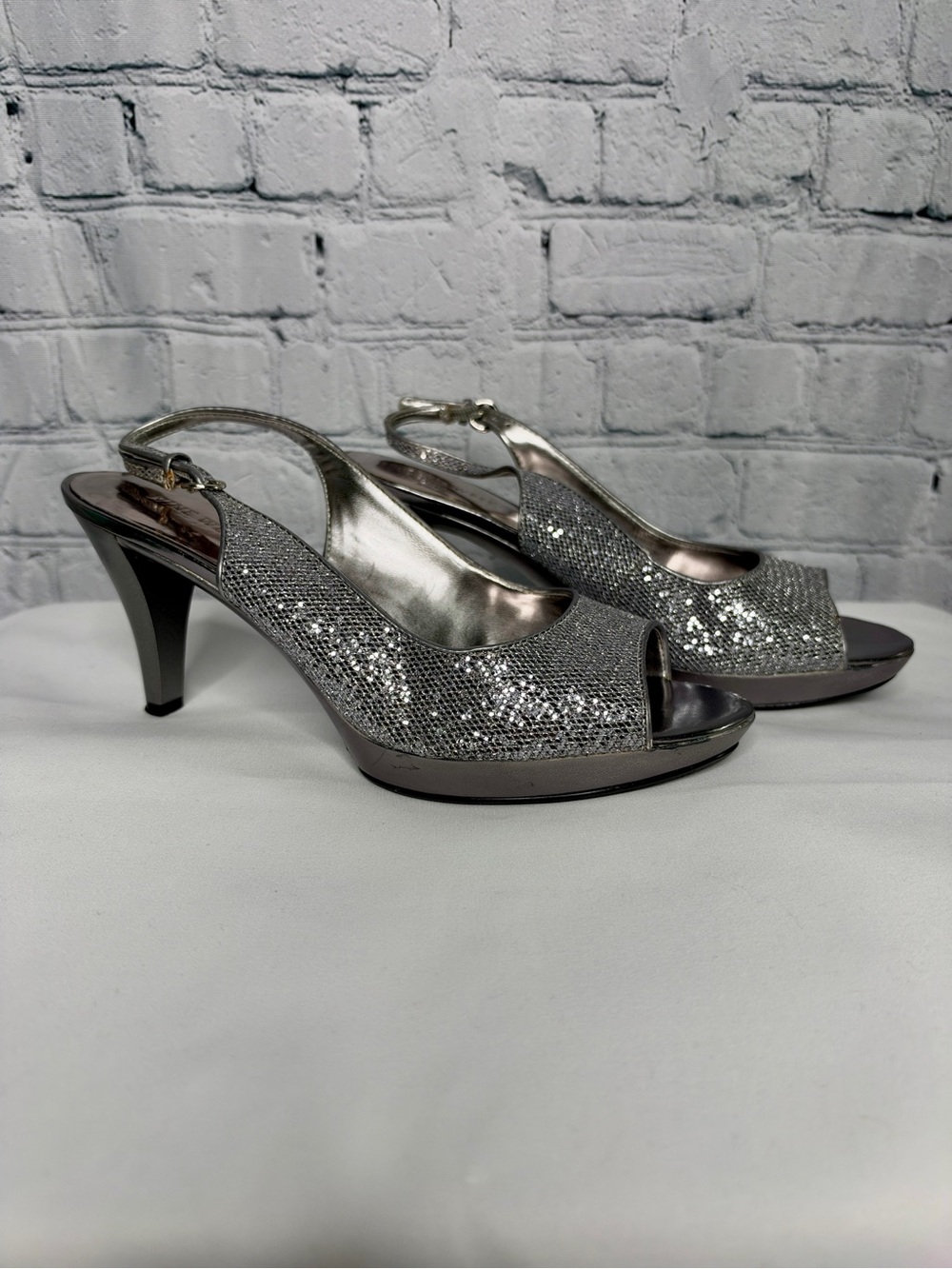 Nine West Silver Glitter Peep-Toe Slingback Heels